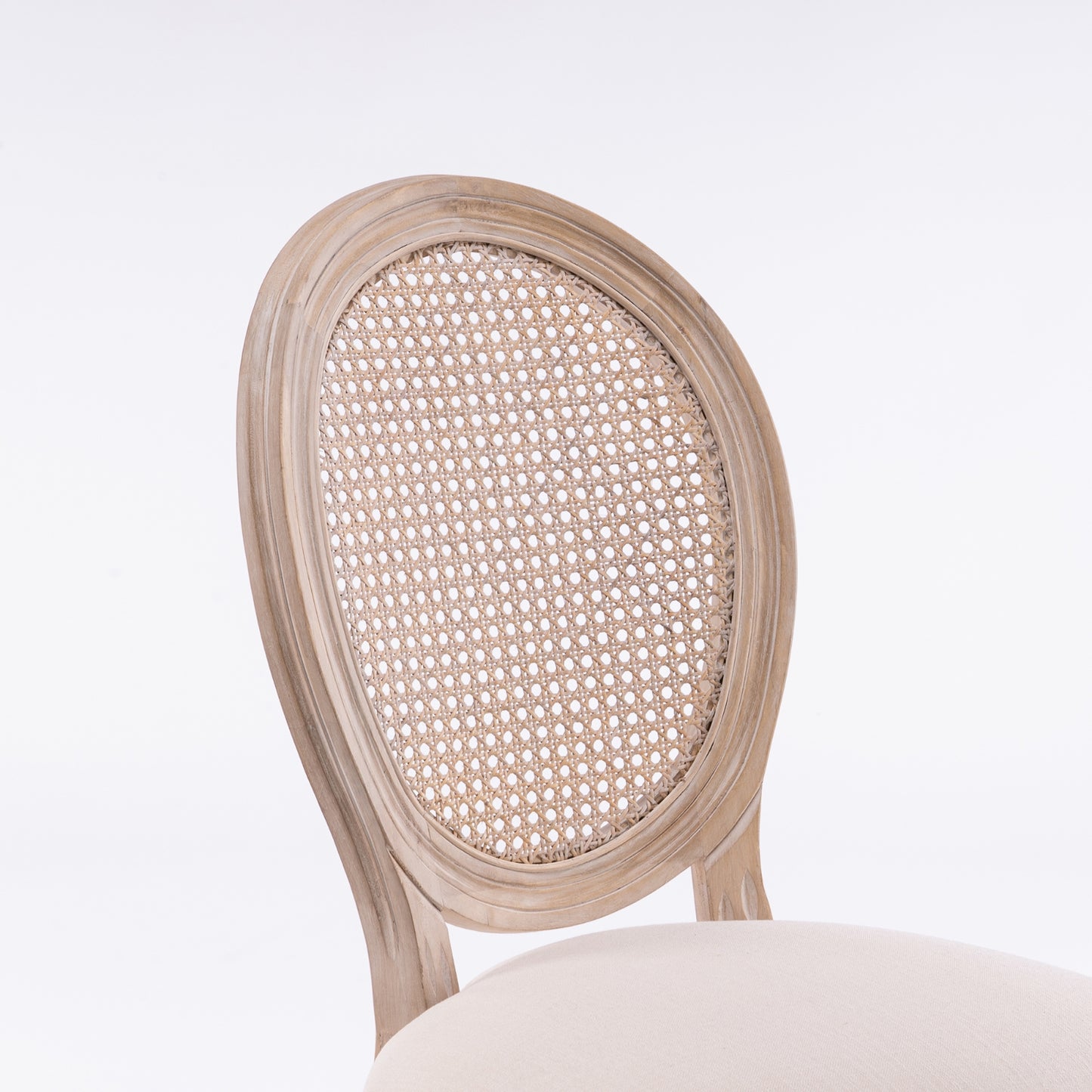 Set Of 2 French Style Solid Wood Antique Linen & Rattan Dining Chair, Cream