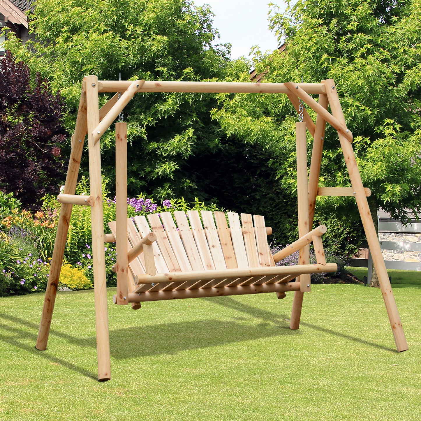 2-Seat Wooden Swing Bench, Natural Wood