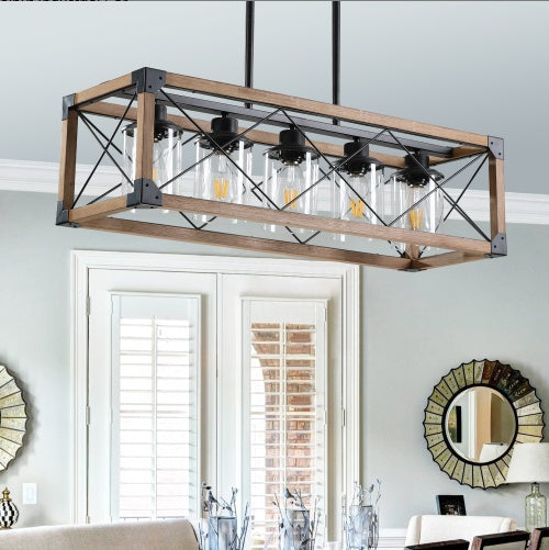 32 Inch Walnut Industrial Farmhouse Rectangle 5-Light Chandelier