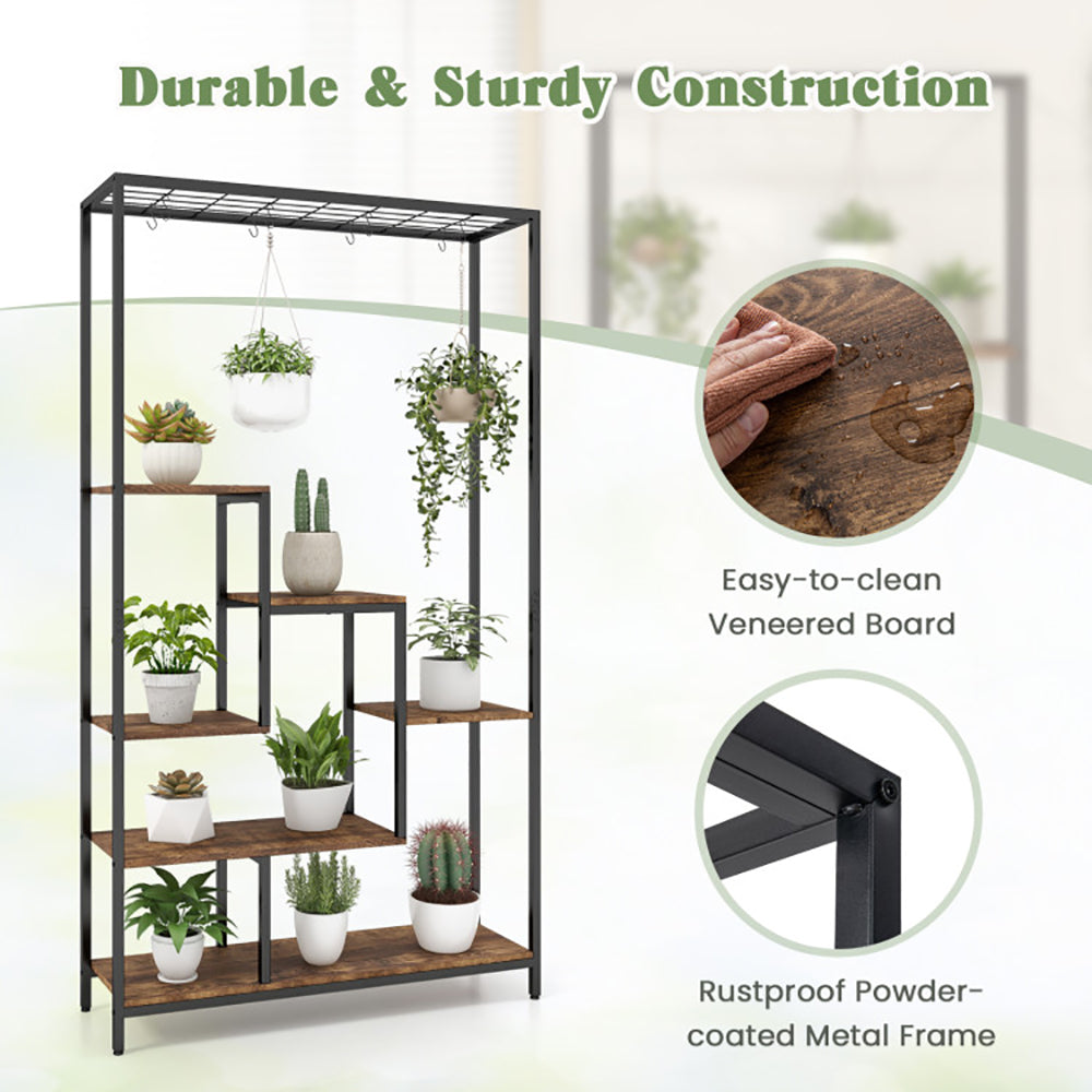 6-Tier Tall Plant Stand 71 Inch, Metal Indoor Plant Shelf With 10 Hanging Hooks