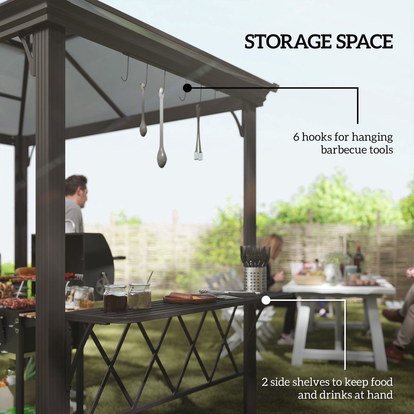 BBQ Cooking Canopy With 6 Hooks for Utensils and Double Venting Roof, Coffee
