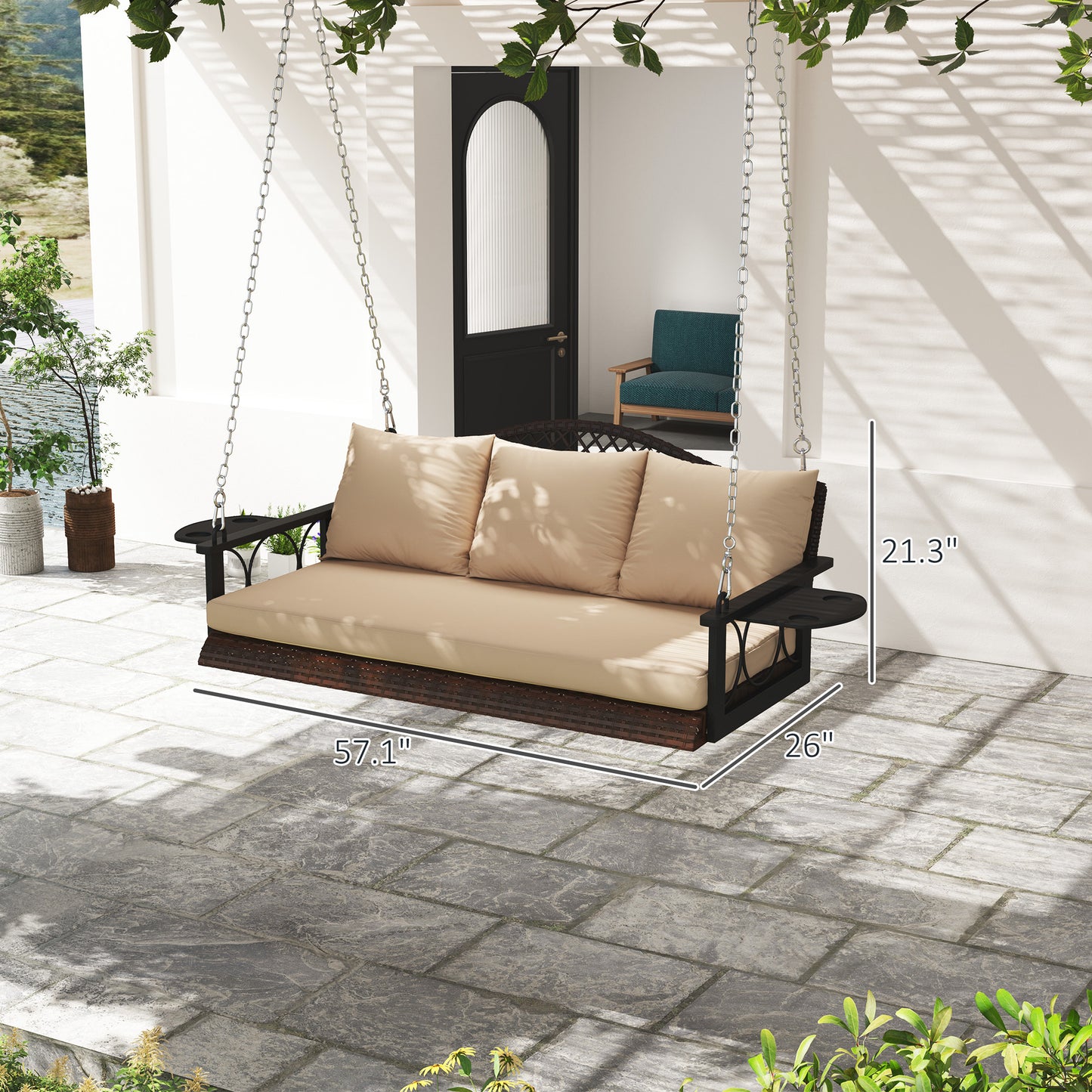 3 Person Wicker Porch Swing Bench with Cup Holders