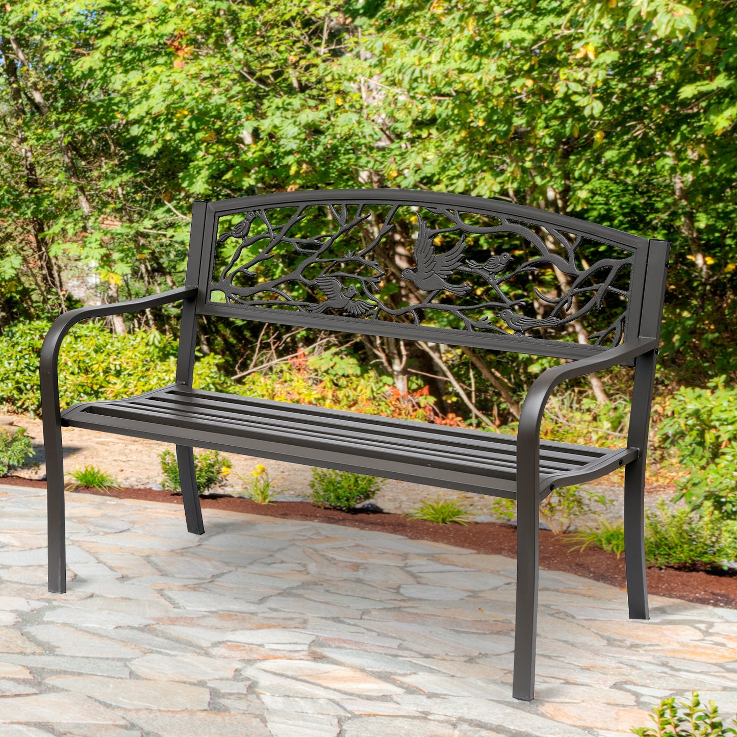 Brown Metal Garden Bench 50" Patio Seating with Backrest & Armrests