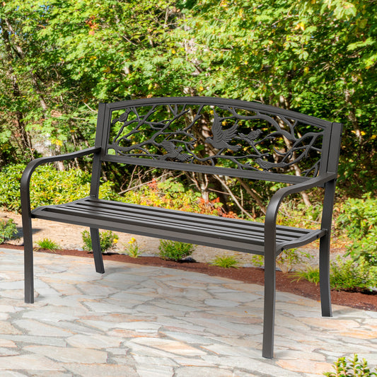 Brown Metal Garden Bench 50" Patio Seating with Backrest & Armrests
