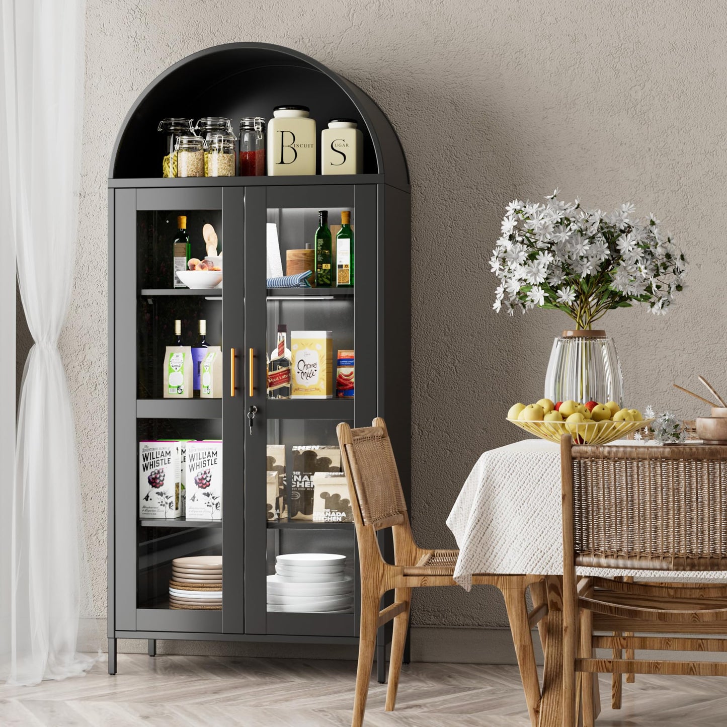 78.74inch Tall Metal Arched Cabinet with Lock and LED Light Strip