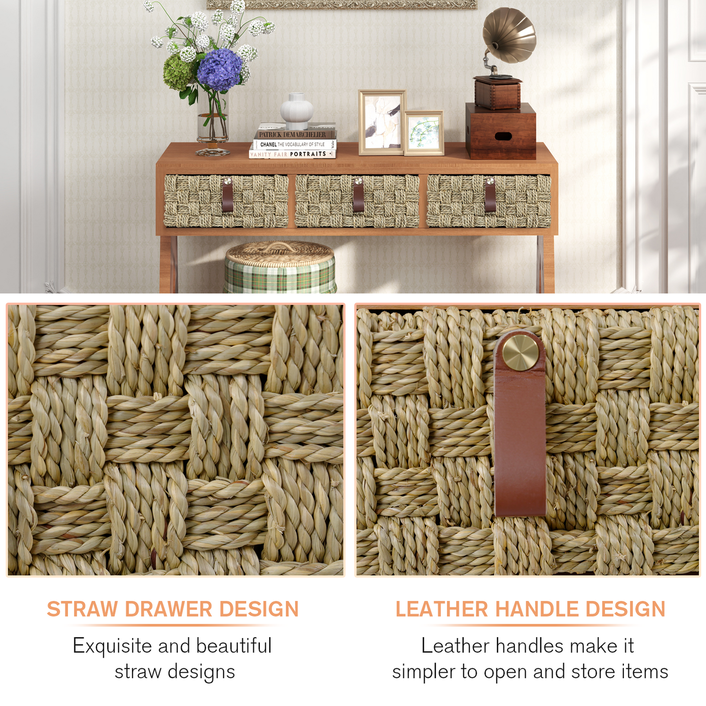 modern console table with entrance storage space with 3 drawers, open storage rack
