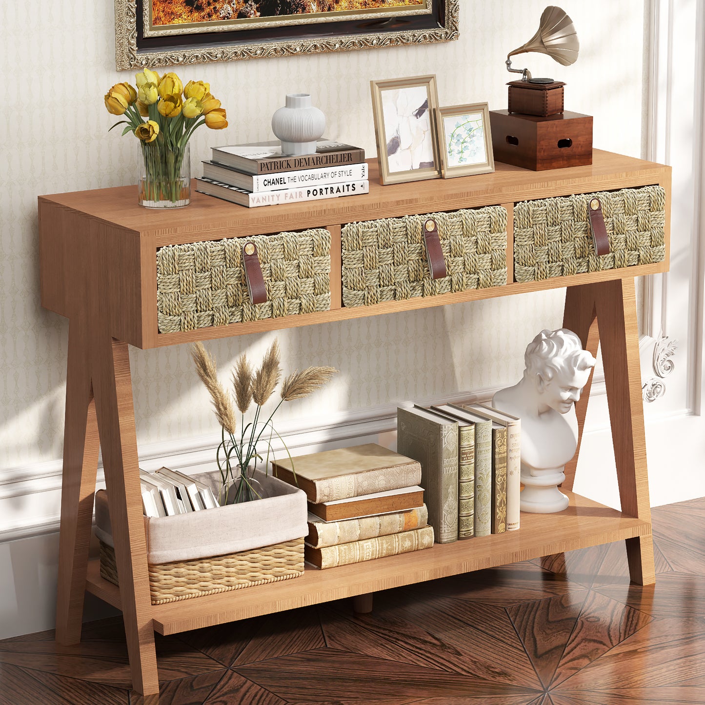 modern console table with entrance storage space with 3 drawers, open storage rack