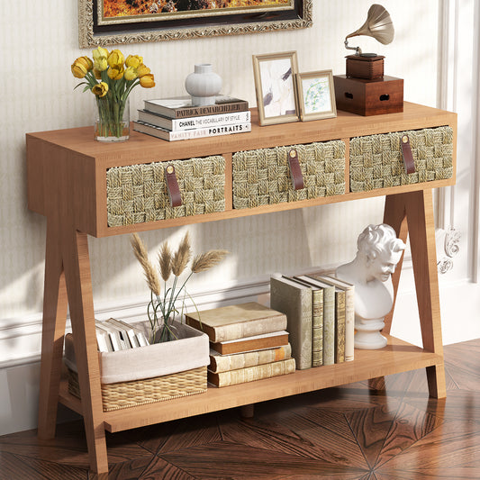modern console table with entrance storage space with 3 drawers, open storage rack