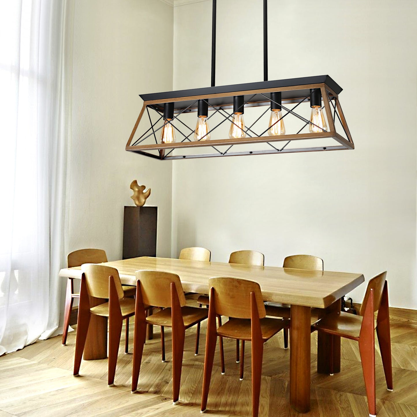 Farmhouse Chandeliers With 5 Bulbs, Walnut