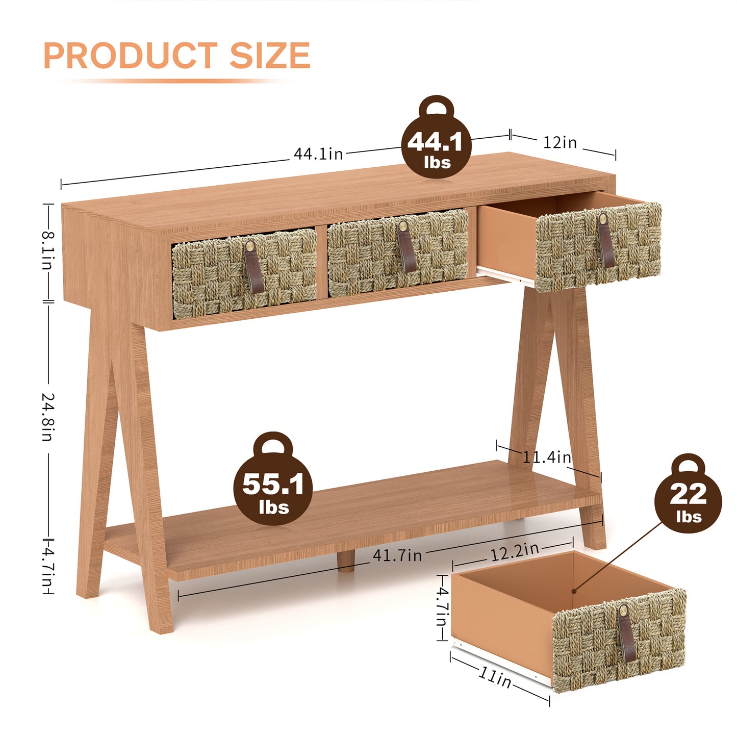 modern console table with entrance storage space with 3 drawers, open storage rack