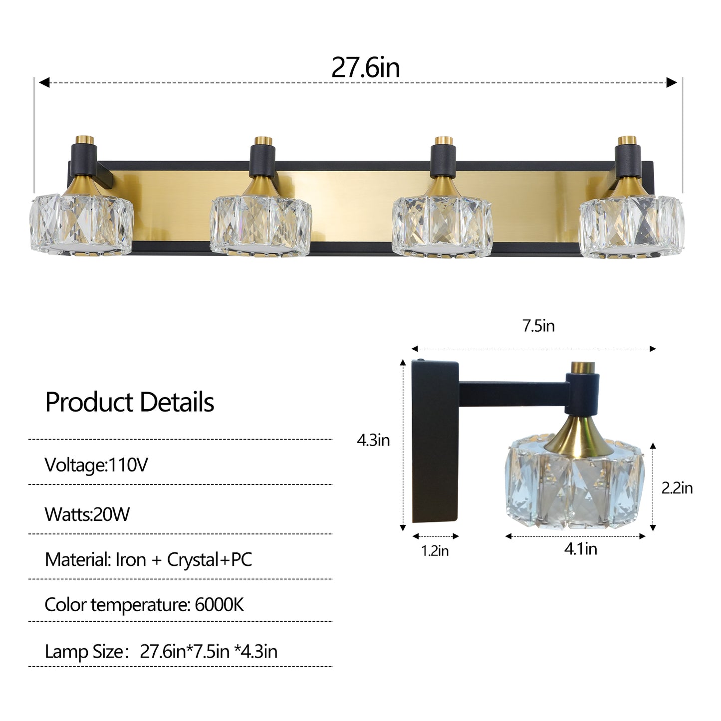 LED 4-Light Modern Crystal Bathroom Vanity Light Fixture