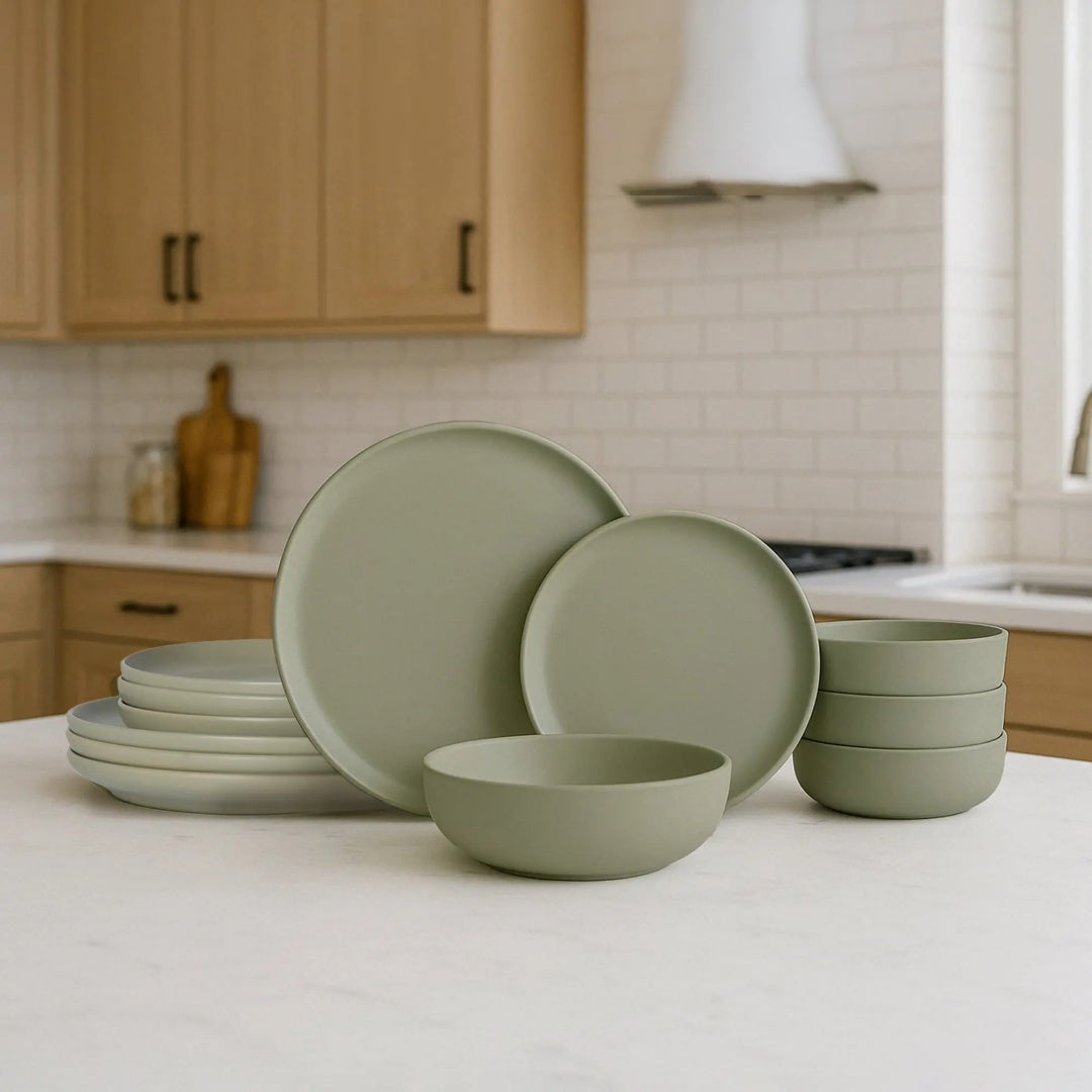 12-Piece Stoneware Dinner Plates Bowls Sets  Microwave  Dishwasher Safe  Non-Toxic Dinner Plates Bowls Set  Stackable Matte Glaze Kitchenware For 4