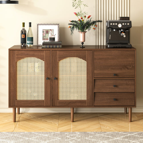 Country-Style Sideboard With Rattan Doors  130 X 75.5 X 40 Cm  Magnetic Closure, Adjustable Shelves, Sturdy Structure  Elegant And Versatile Design