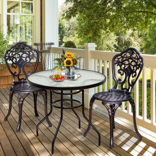 32" Patio Tempered Glass Steel Frame Round Table with Convenient Umbrella Hole