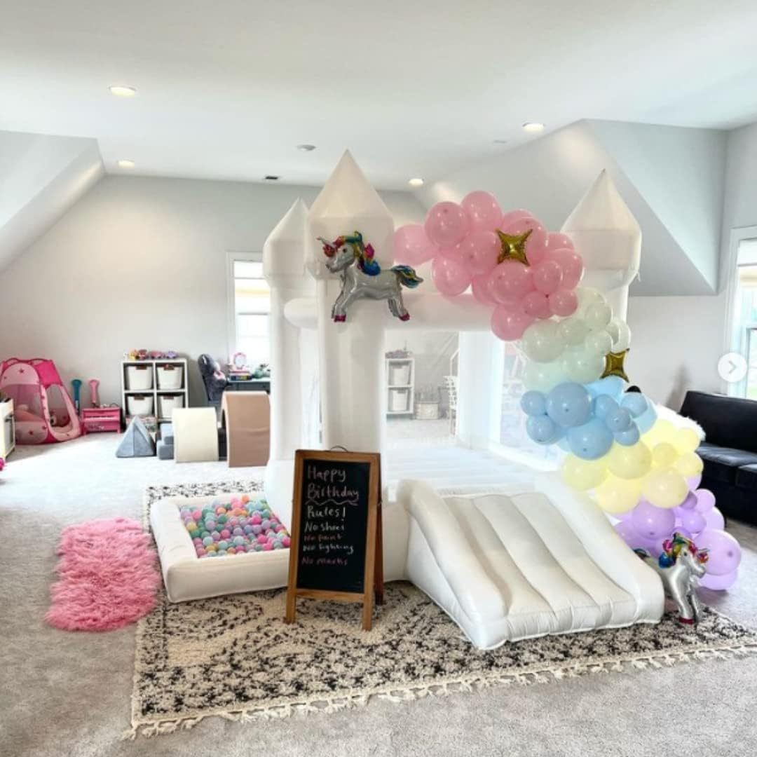 White Bounce House, Castle Theme Kids Inflatable with UL Blower