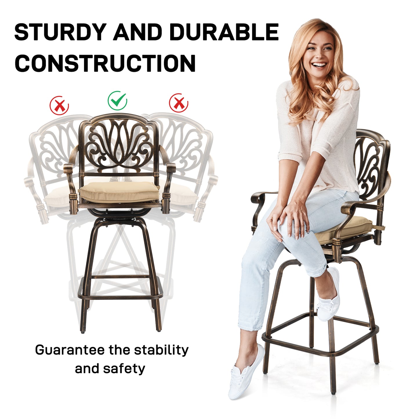 2pcs Bronze Color, Beige Cushion, Cast Aluminum Bar Stool