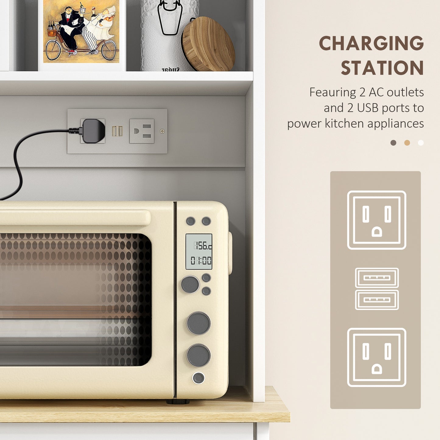 Kitchen Cabinet with Charging Station, White