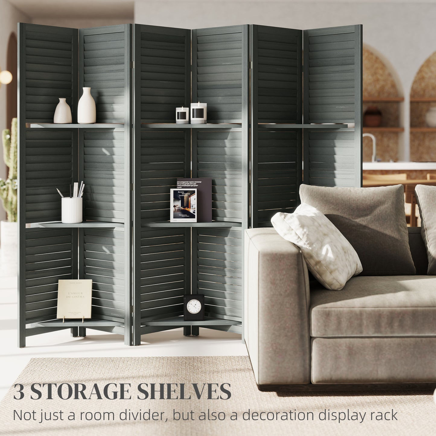 6 Panel 67" Tall Wood Privacy Screen Room Divider with 3 Shelves and Folding Storage, Gray