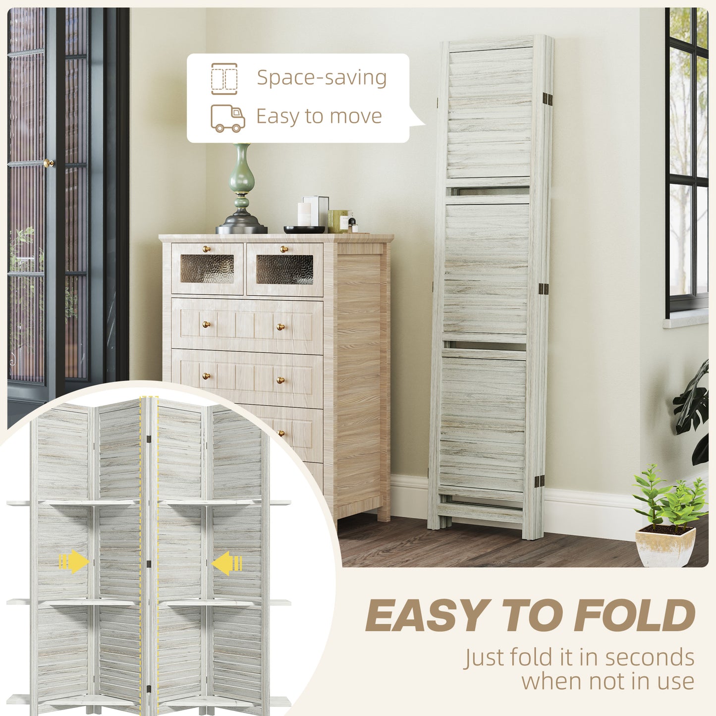 4 Panel 67" Tall Wood Privacy Screen/Room Divider With 3 Shelves and Folding Storage