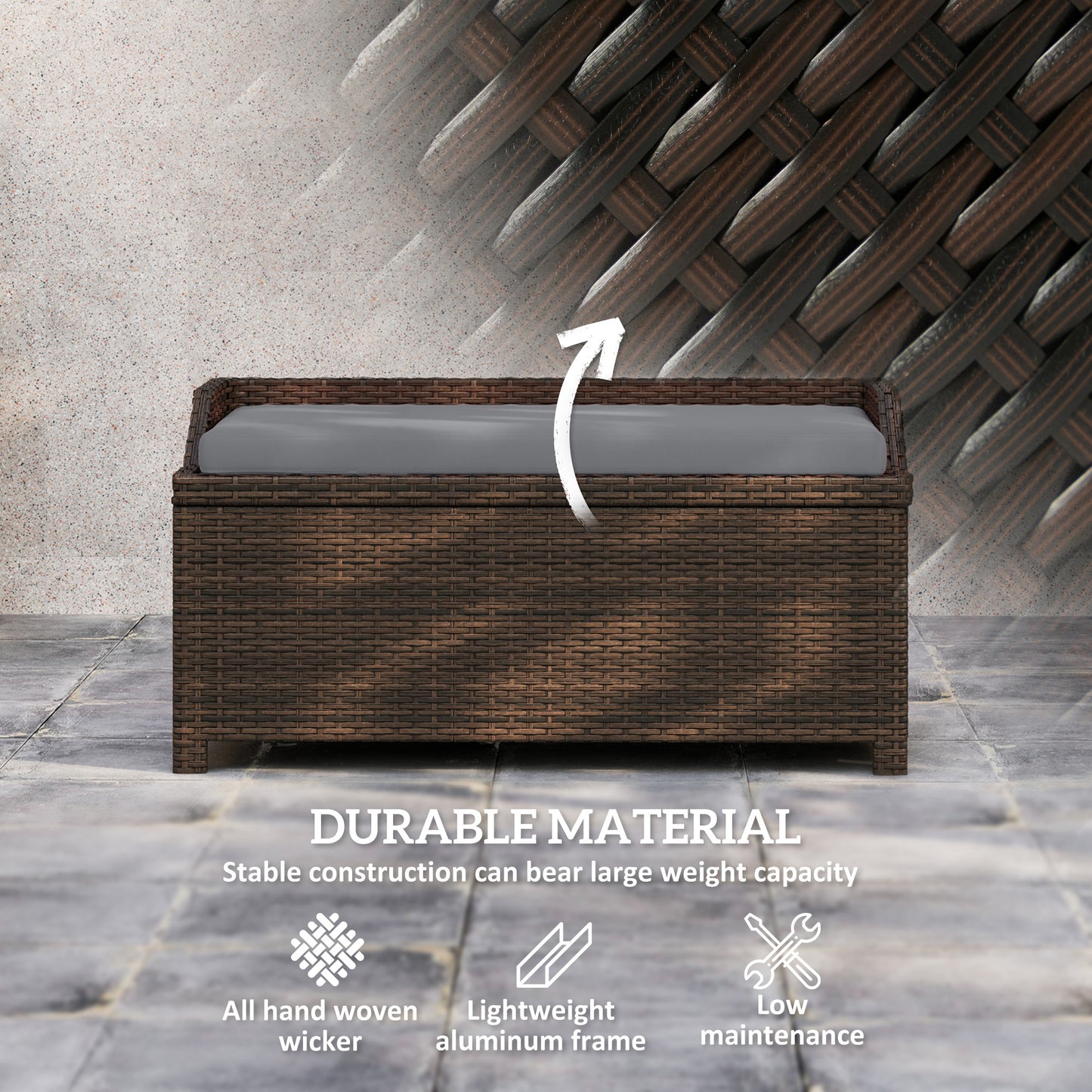 Outdoor Wicker Storage Bench With Storage & Cushion, Gray