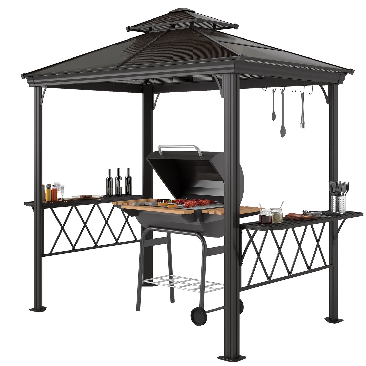 BBQ Cooking Canopy With 6 Hooks for Utensils and Double Venting Roof, Coffee