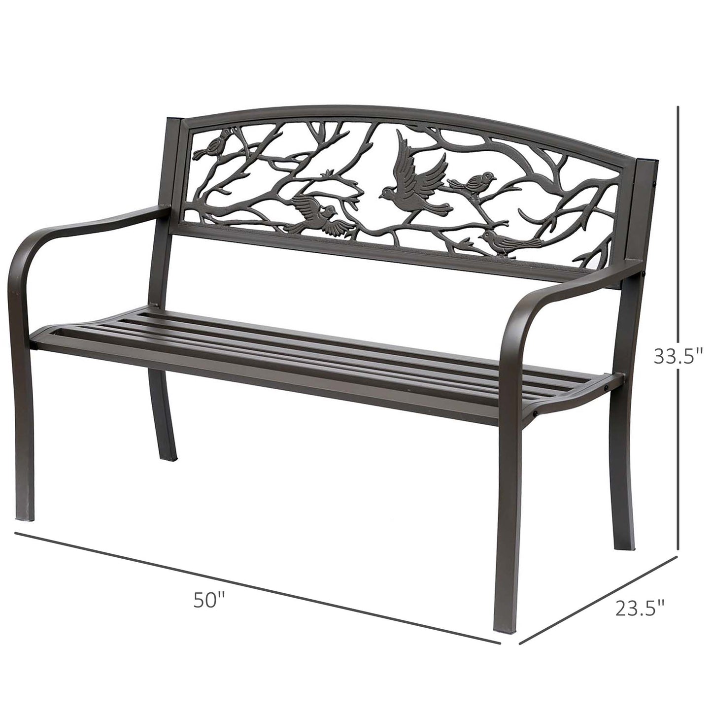 Brown Metal Garden Bench 50" Patio Seating with Backrest & Armrests