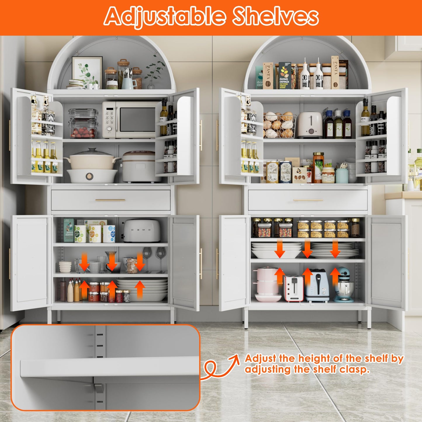 Metal Arched Kitchen Pantry Cabinet with Adjustable Shelves and Drawer
