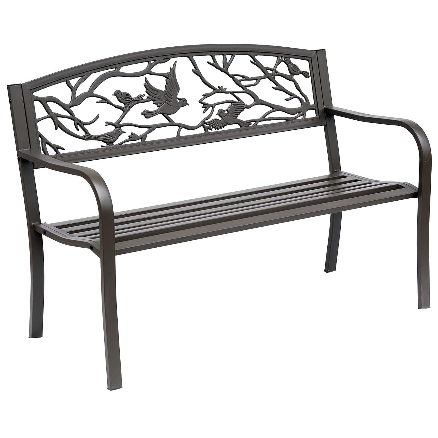 Brown Metal Garden Bench 50" Patio Seating with Backrest & Armrests