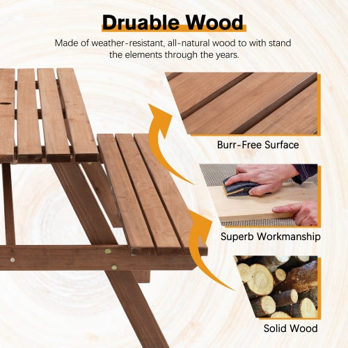 8 Person Brown Wooden Picnic Table