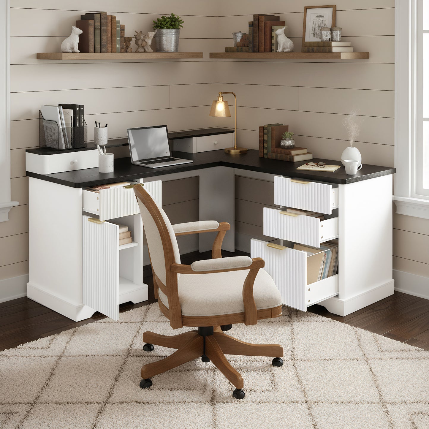 59" Modern Fluted L-Shaped Desk with Charging Station