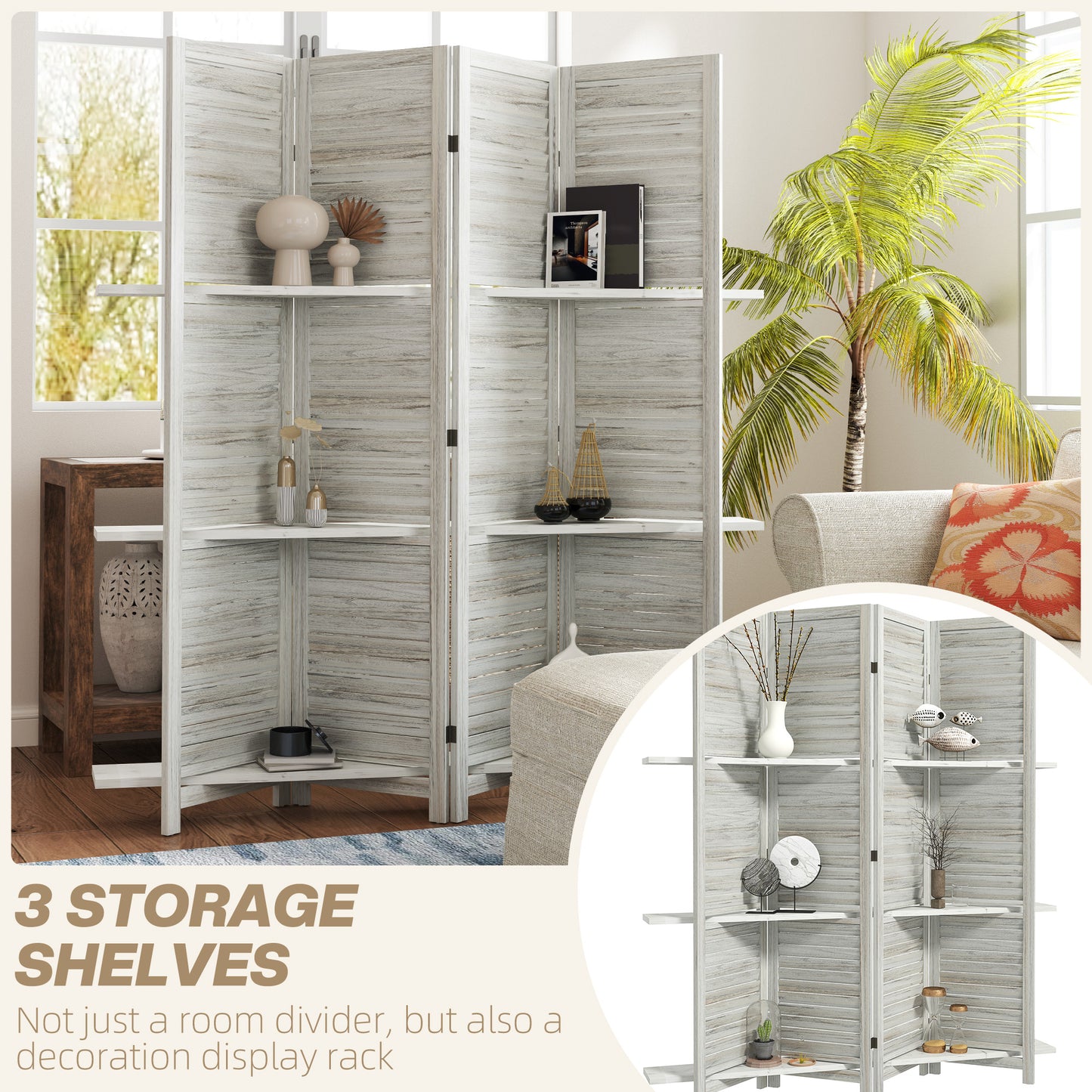 4 Panel 67" Tall Wood Privacy Screen/Room Divider With 3 Shelves and Folding Storage