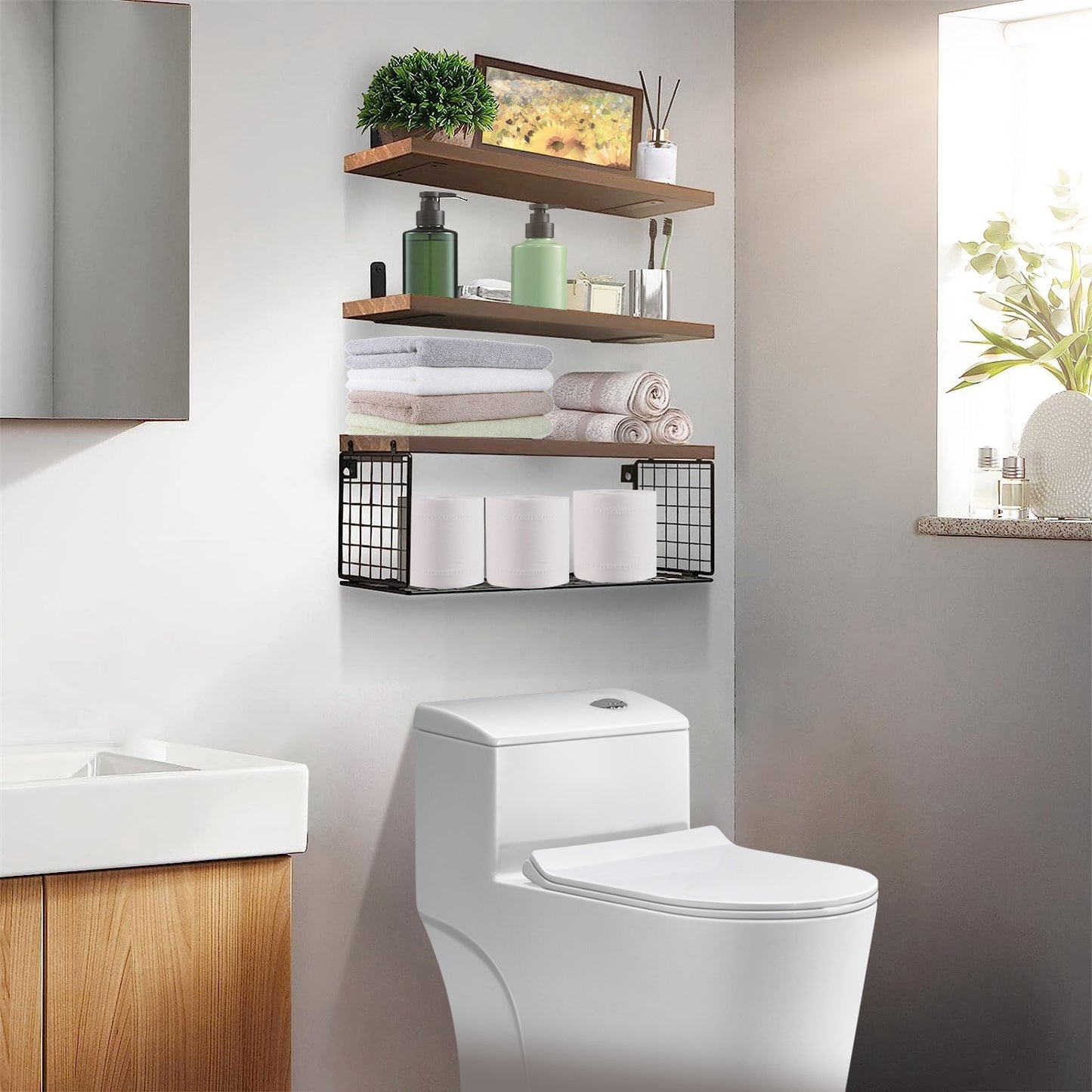 2 In 1 Floating Shelves with Storage Basket
