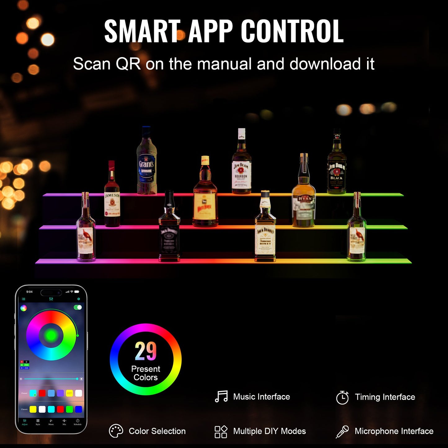 LED Lighted Liquor Bottle Display Bar Shelf RF & App Control 48' 3-Step