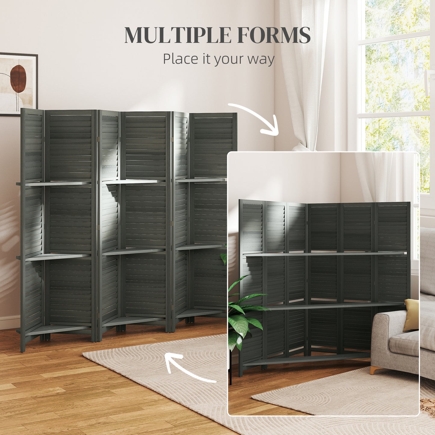 6 Panel 67" Tall Wood Privacy Screen Room Divider with 3 Shelves and Folding Storage, Gray
