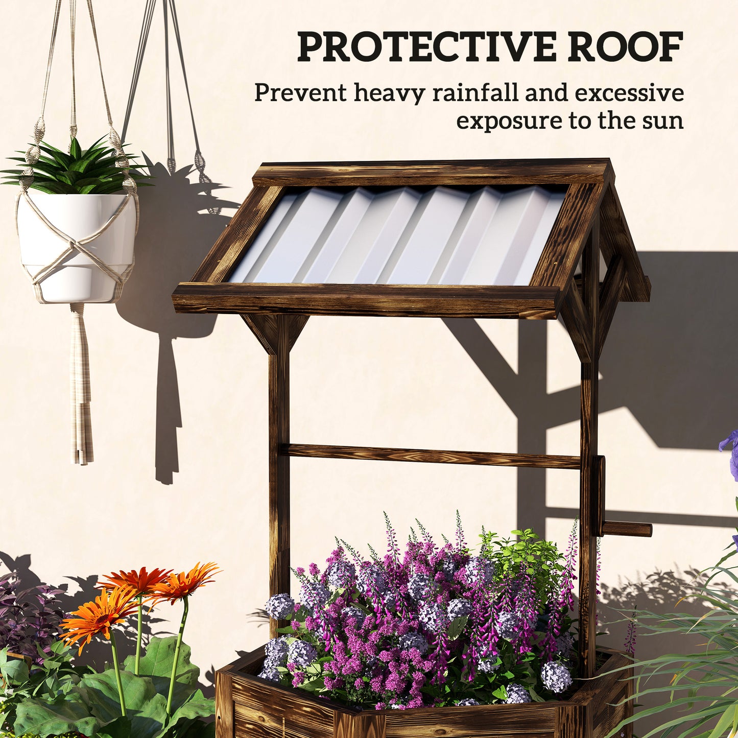 Wooden Wishing Well Planter, Raised Garden Bed with Galvanized Canopy