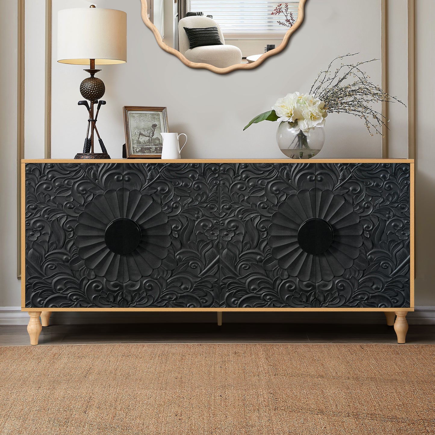 Black Carved Wood Cabinet