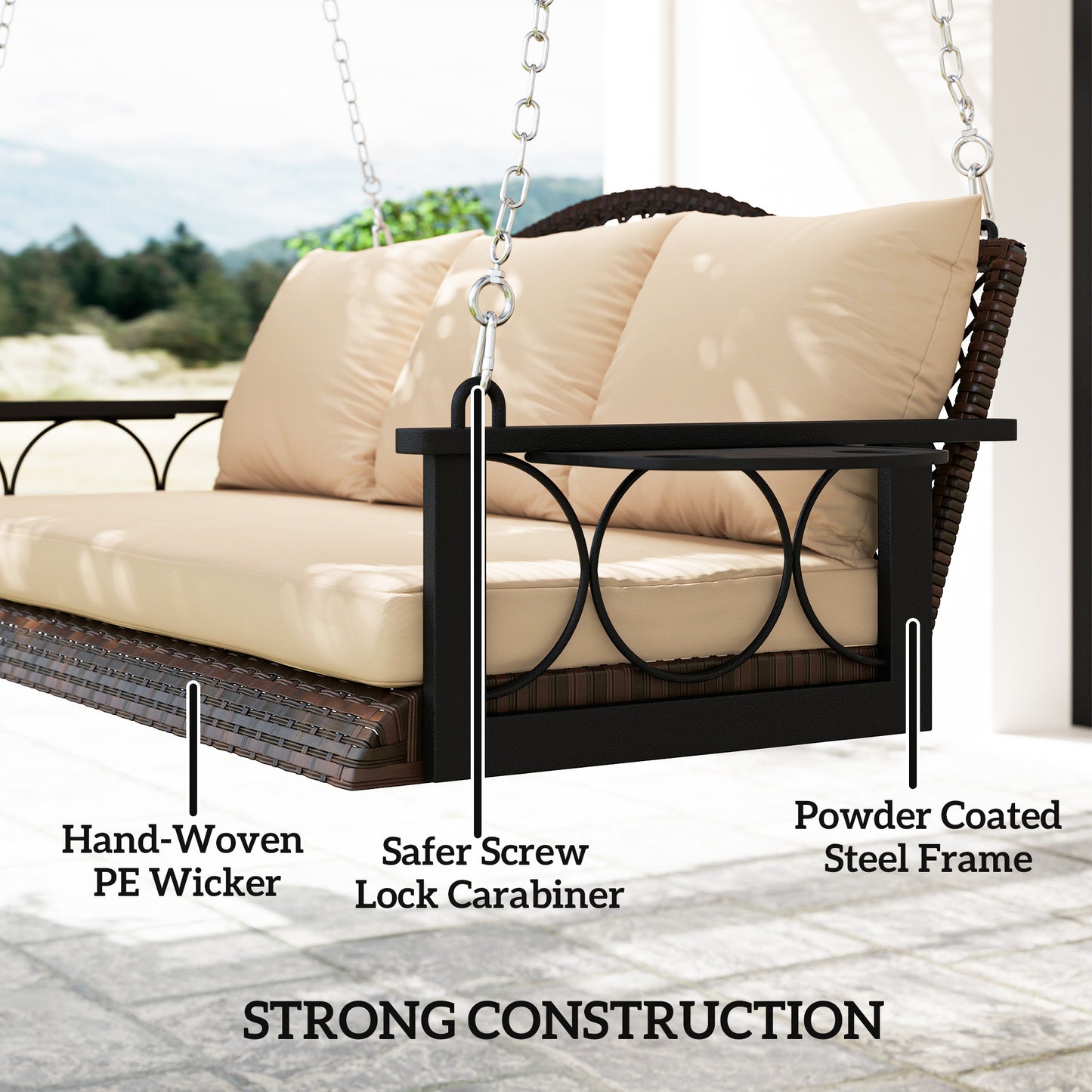 3 Person Wicker Porch Swing Bench with Cup Holders