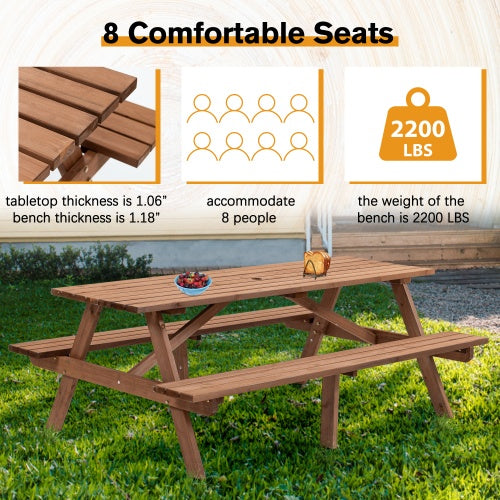 8 Person Brown Wooden Picnic Table