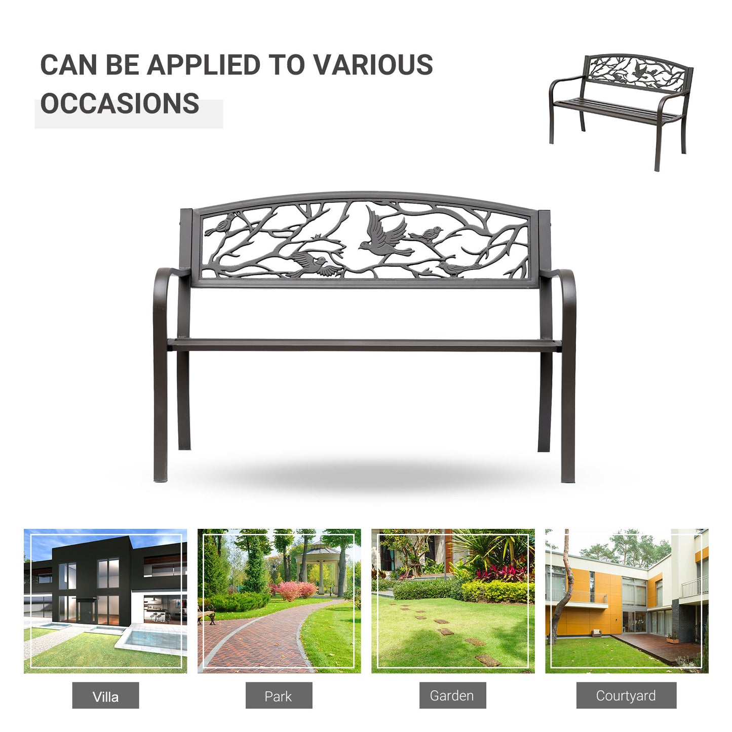 Brown Metal Garden Bench 50" Patio Seating with Backrest & Armrests