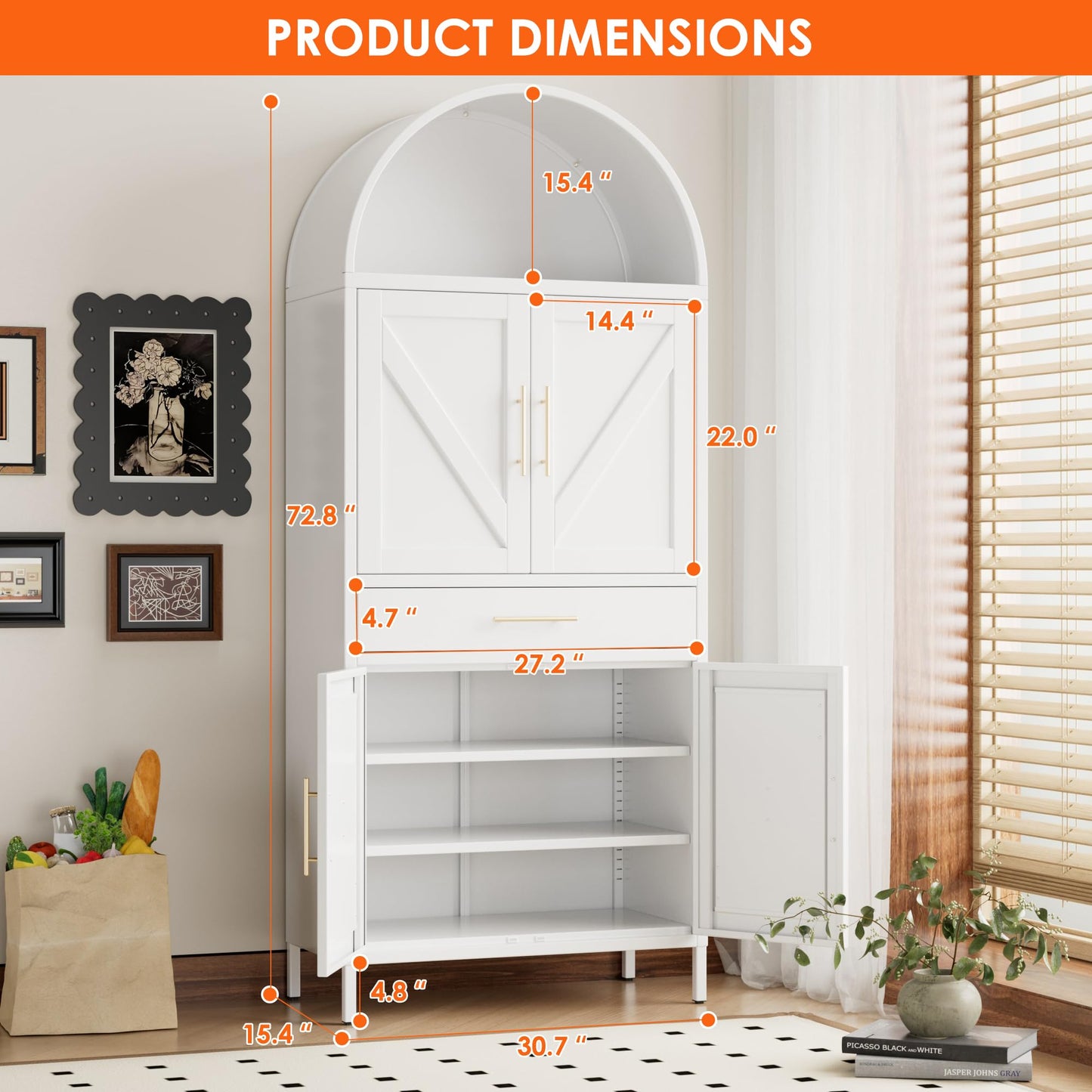 Metal Arched Kitchen Pantry Cabinet with Adjustable Shelves and Drawer
