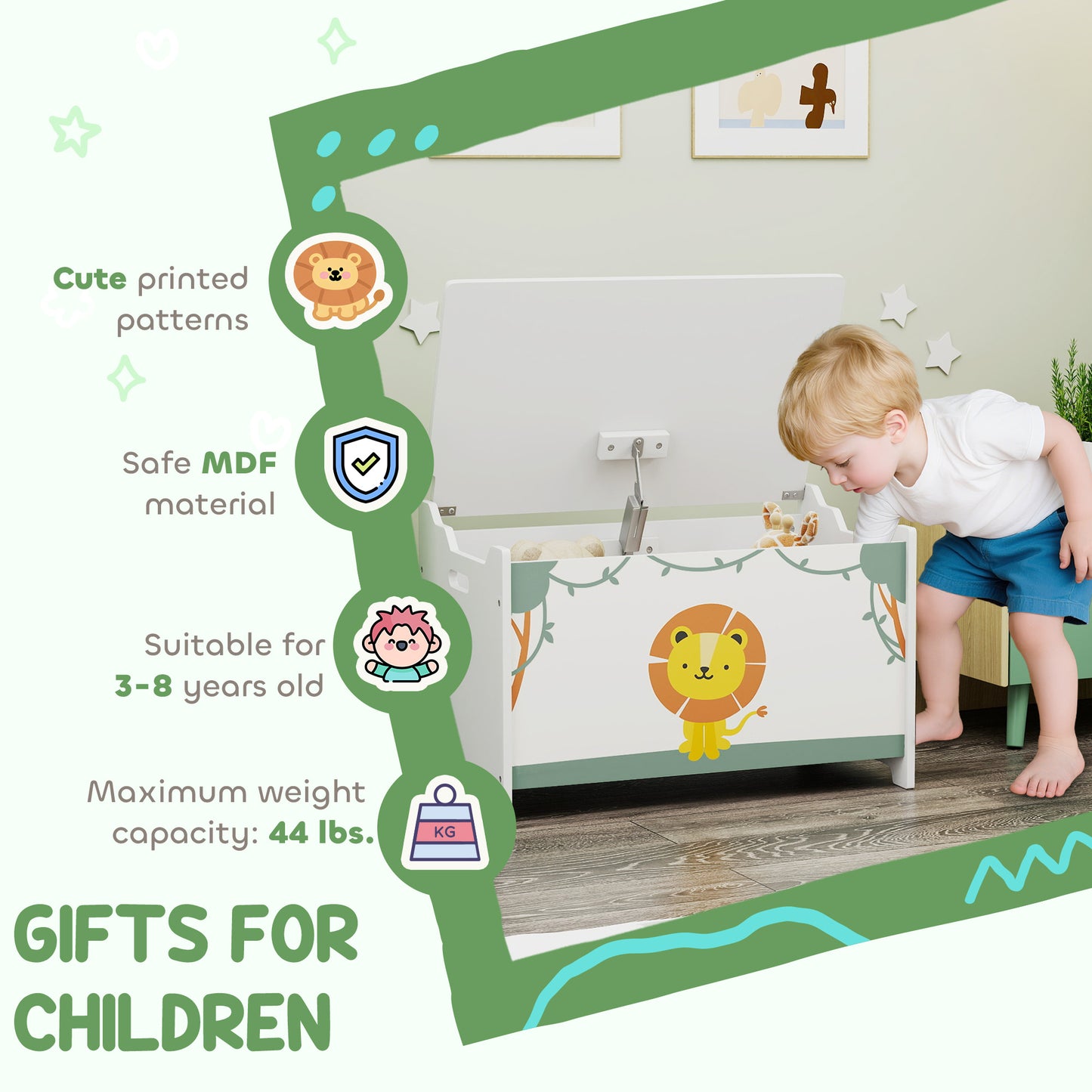 Toy Box with Lid, Safety Hinges and Groove Handles