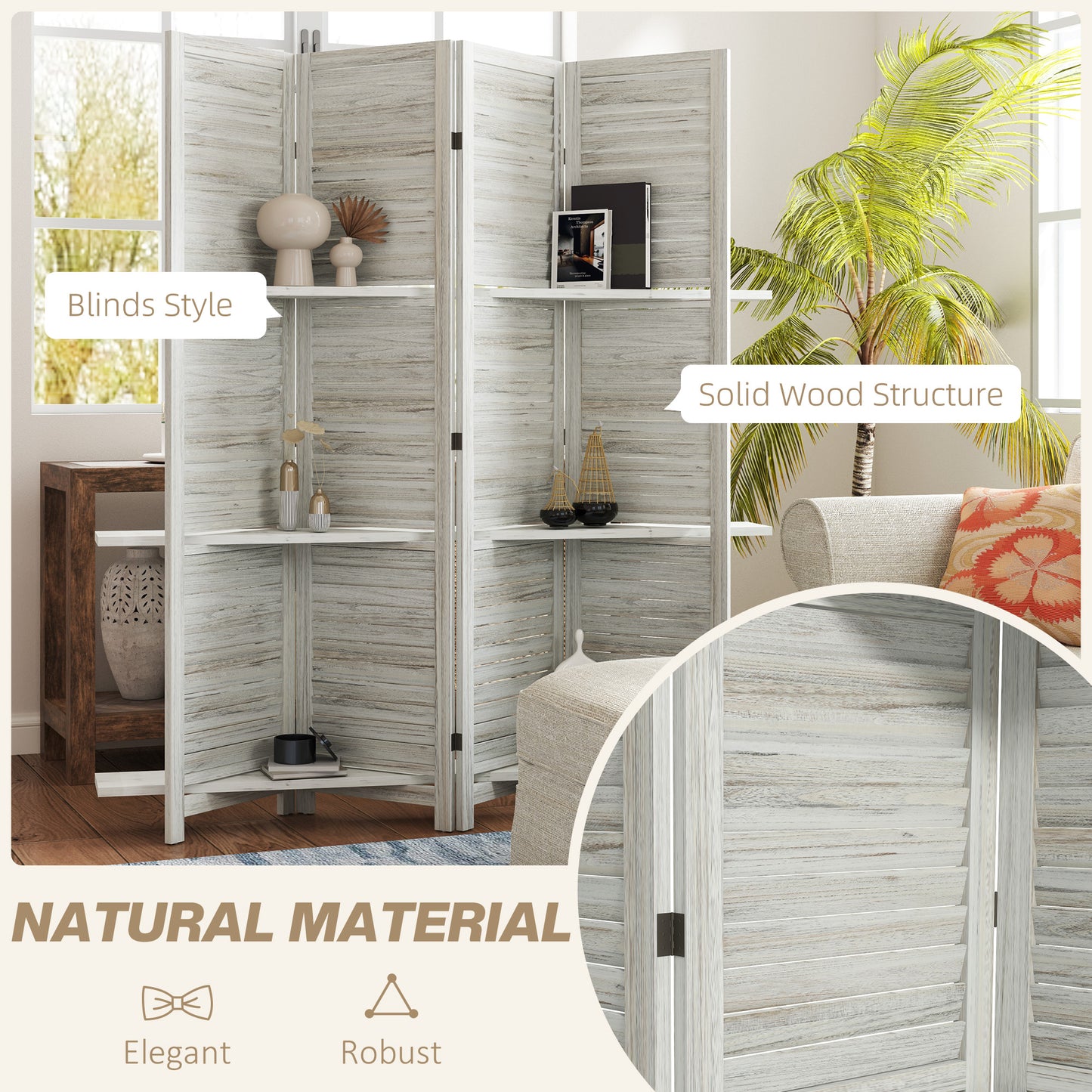 4 Panel 67" Tall Wood Privacy Screen/Room Divider With 3 Shelves and Folding Storage