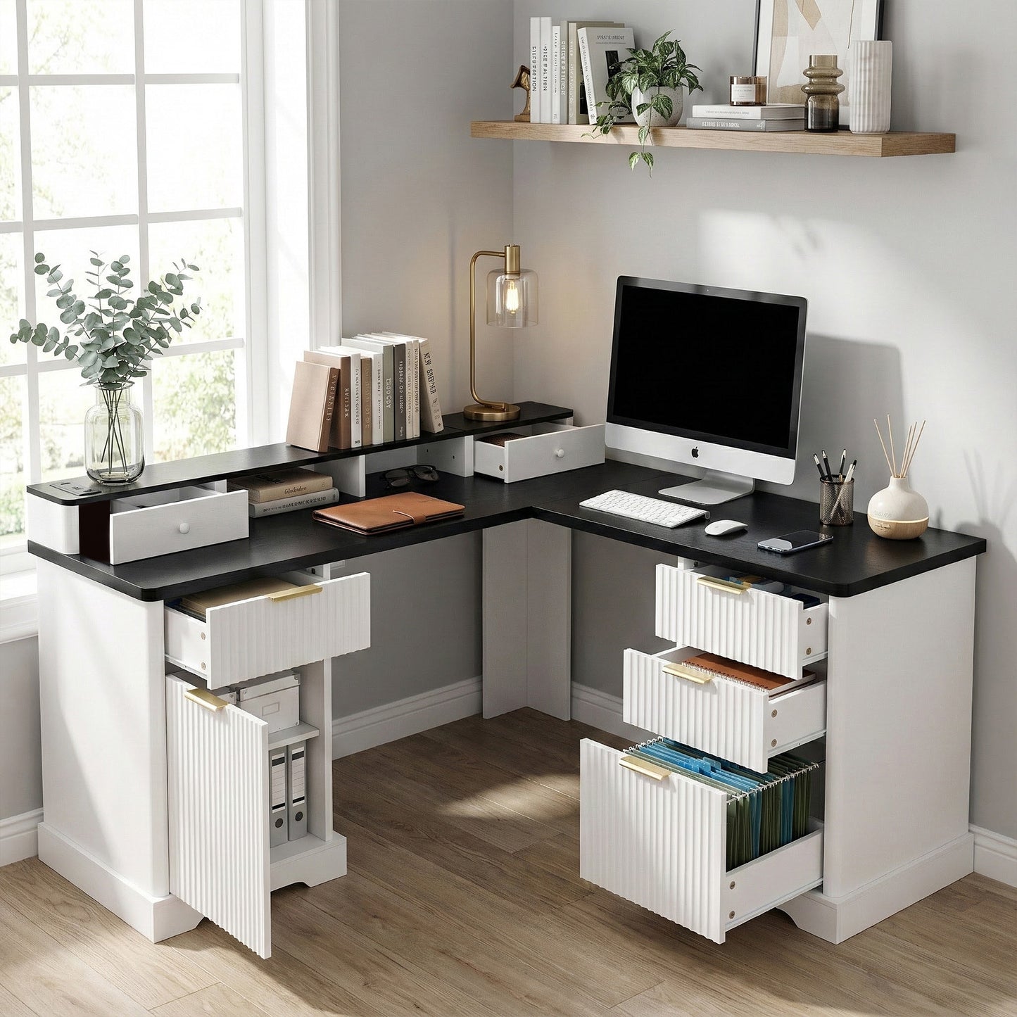59" Modern Fluted L-Shaped Desk with Charging Station