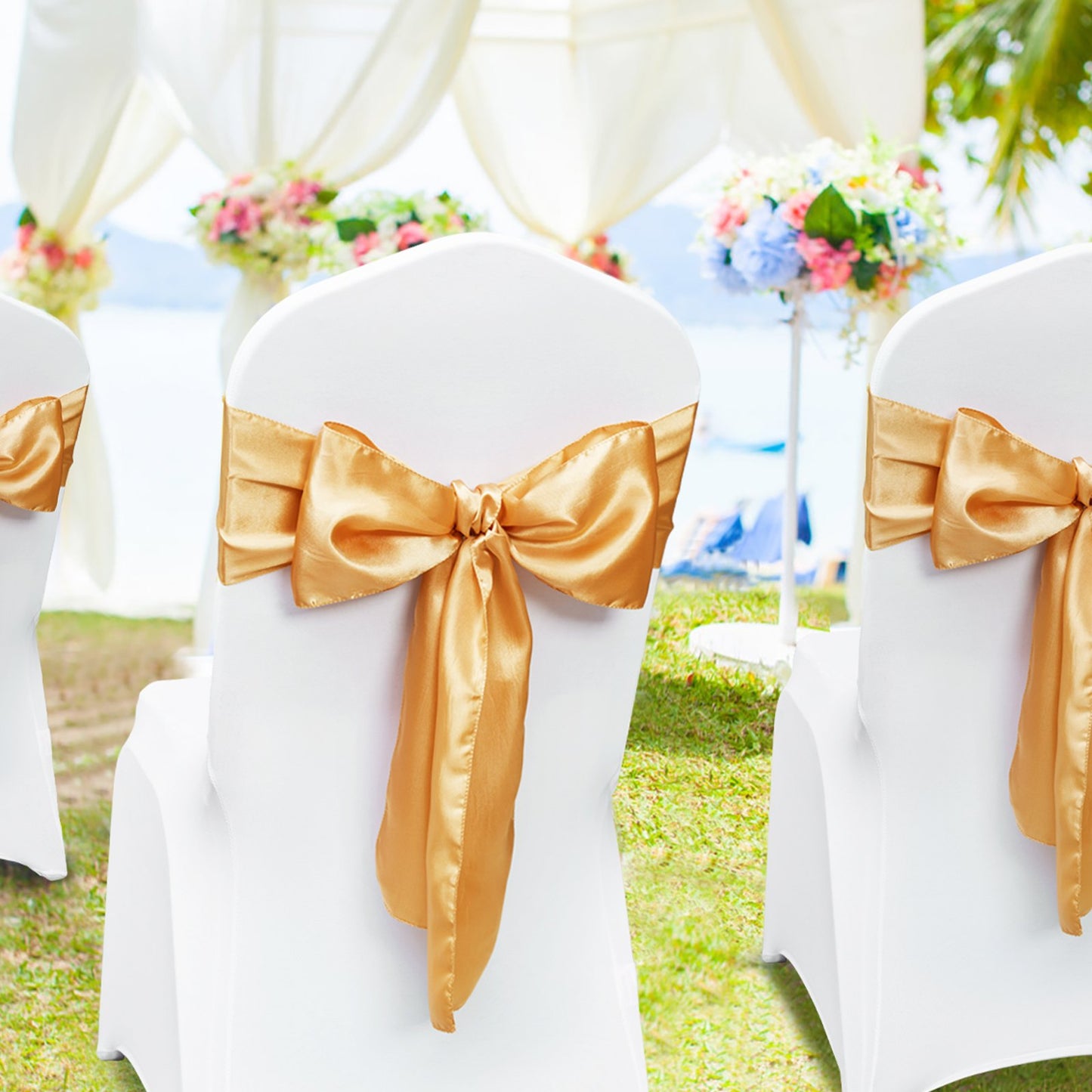 50 PC Stretch Chair Sash Bows, Gold