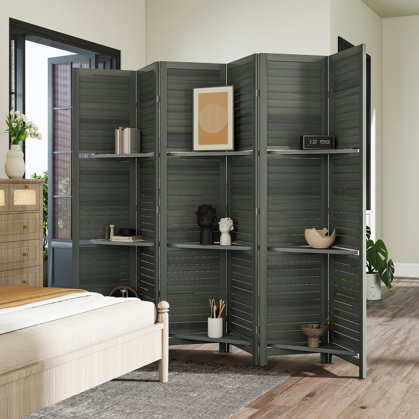 6 Panel 67" Tall Wood Privacy Screen Room Divider with 3 Shelves and Folding Storage, Gray