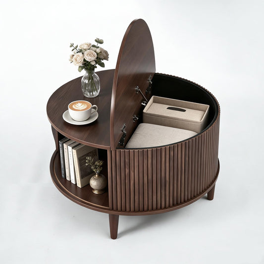 A Round Coffee Table With Storage, Featuring Sliding Cabinet Doors And A Two-layer Plain Wooden Tabletop