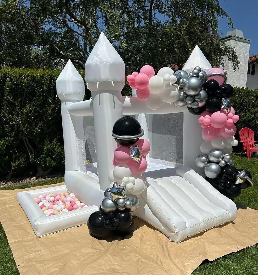White Bounce House, Castle Theme Kids Inflatable with UL Blower