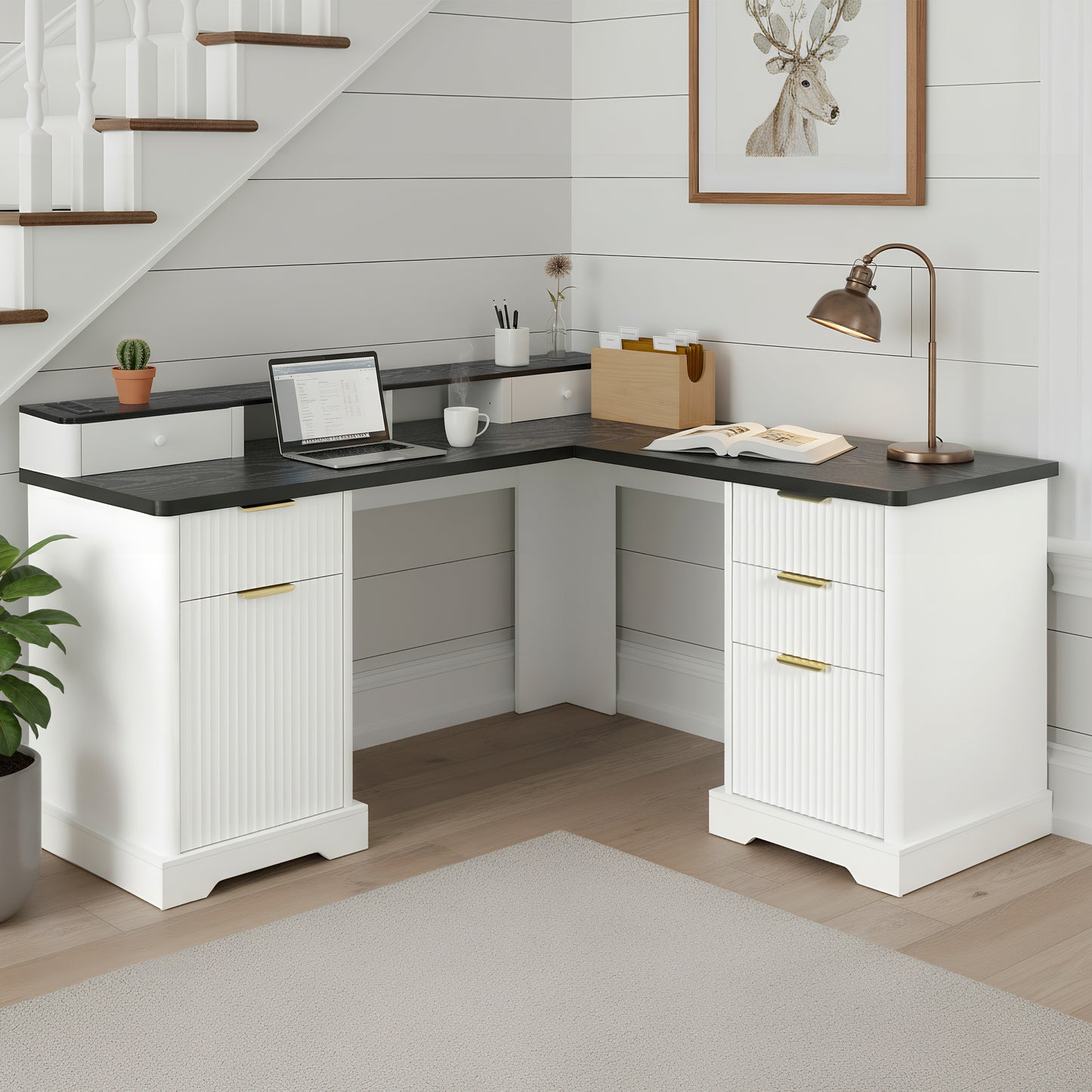 59" Modern Fluted L-Shaped Desk with Charging Station