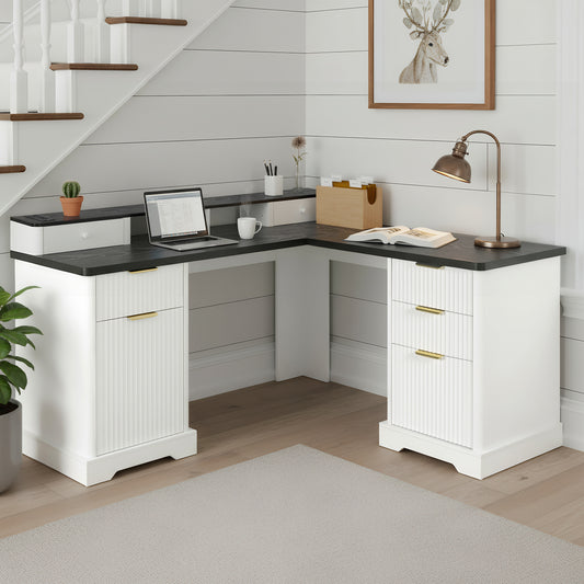 59" Modern Fluted L-Shaped Desk with Charging Station
