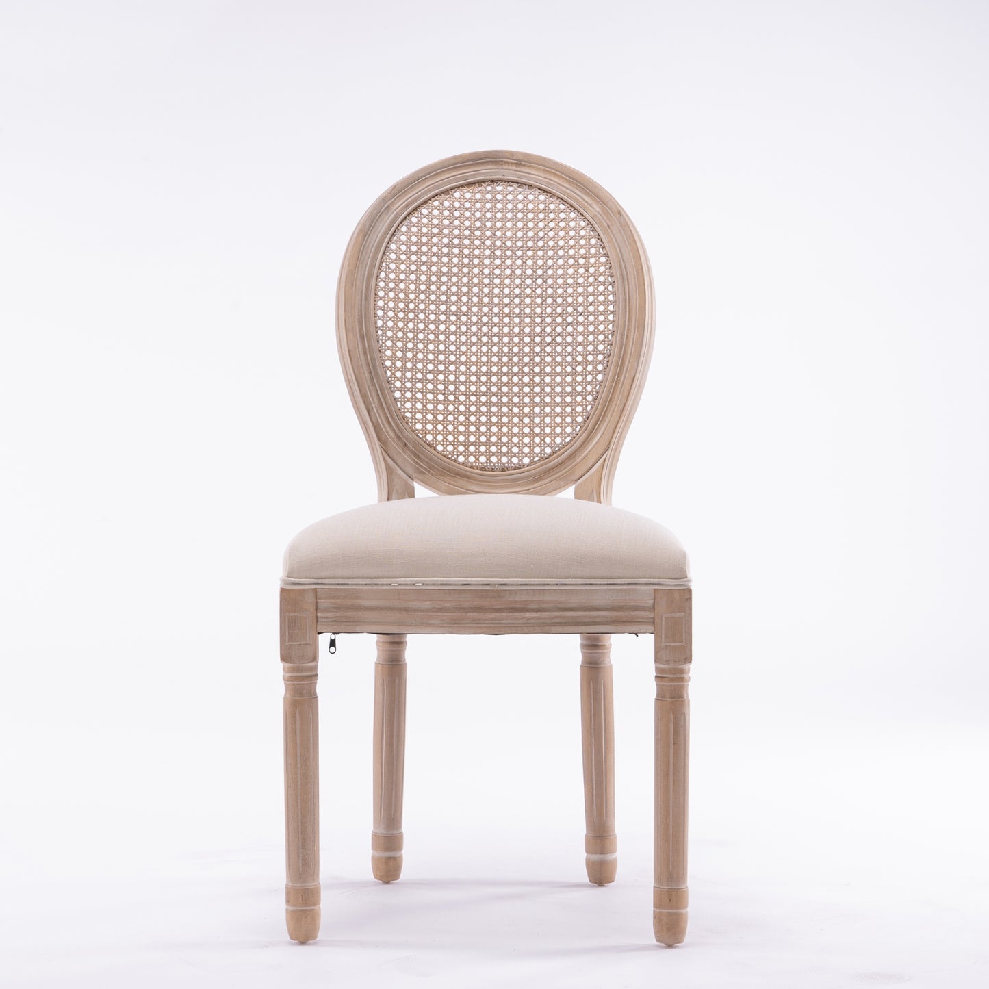 Set Of 2 French Style Solid Wood Antique Linen & Rattan Dining Chair, Cream